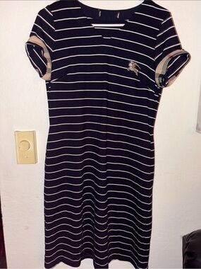 Burberry Striped Knit Dress Navy White Equestrian Knight Logo Plaid Cuffs